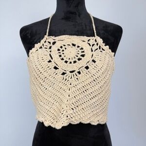 B.O.G Collective Crochet Crop Halter Top Womens Medium Wheat Beige Boho Festival